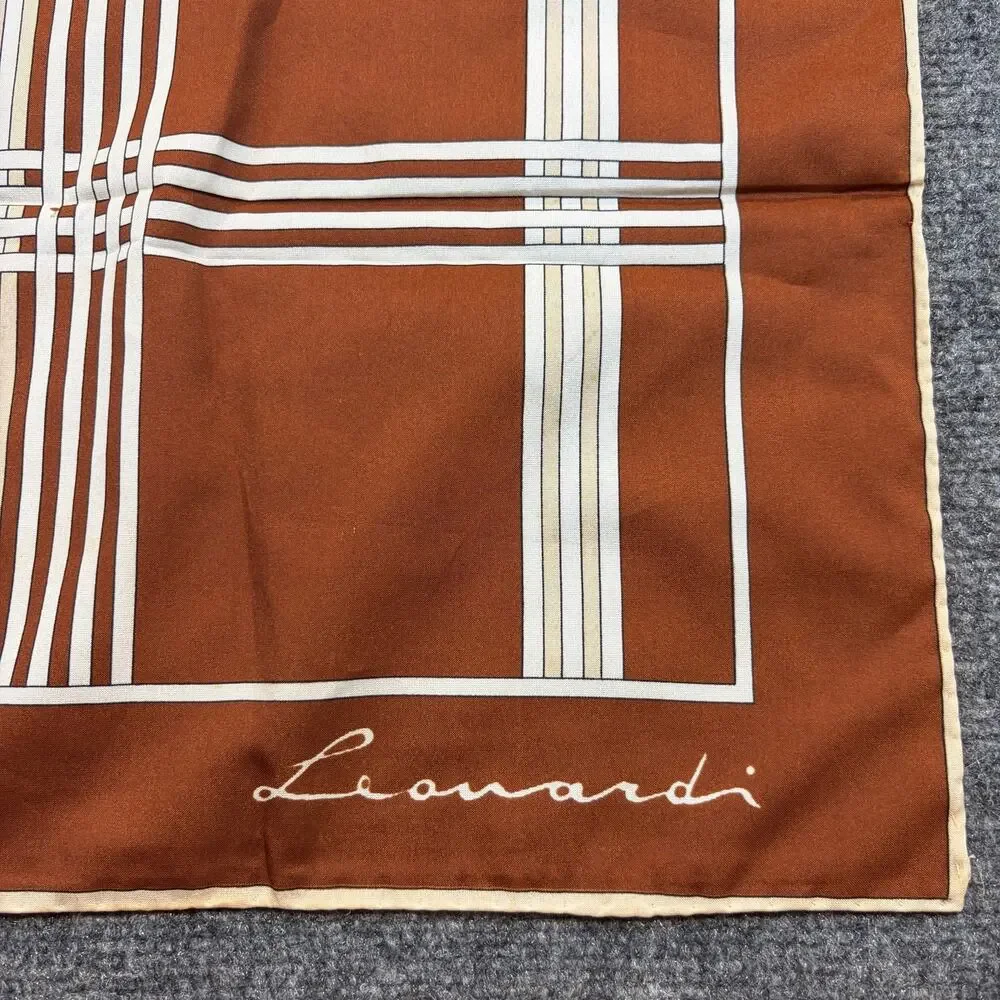 Vintage Leonardi Italy Brown Cream Geometric Striped Signed Square Scarf Silk